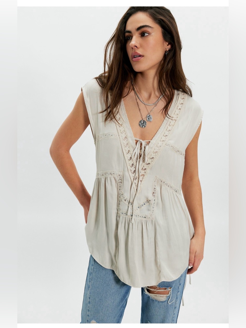 Free People Penelope Cream Lace-Trim Peasant Tunic